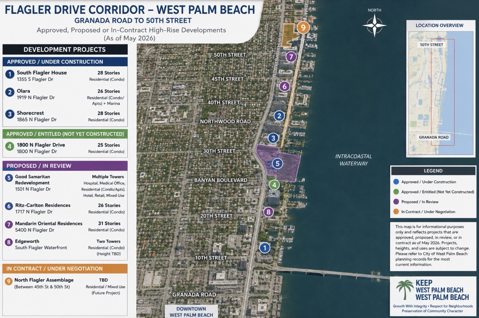 Flagler Drive Corridor — West Palm Beach: Granada Road to 50th Street. Official map of approved, proposed, and in-contract high-rise developments as of May 2026.
