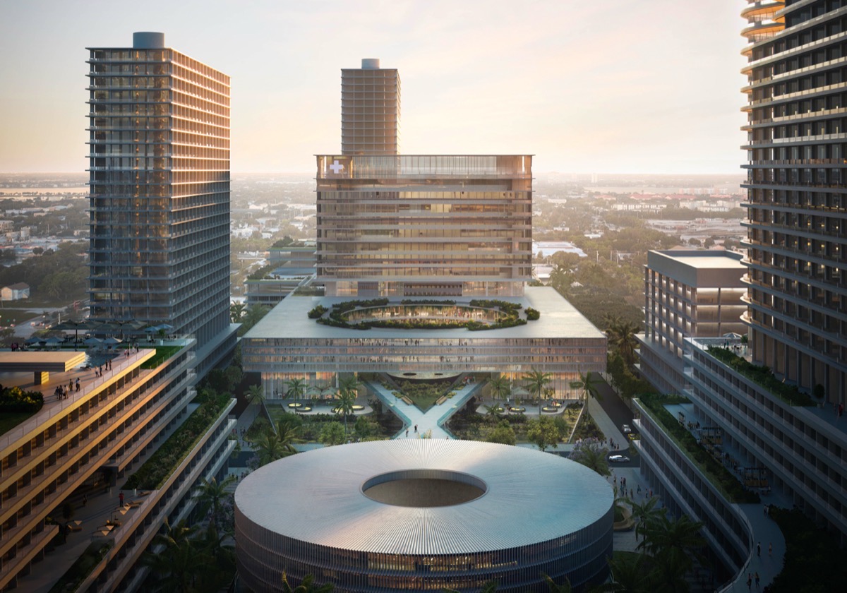 Good Samaritan campus master plan — two proposed 28–30 story towers flanking the hospital. Architect: SOM.